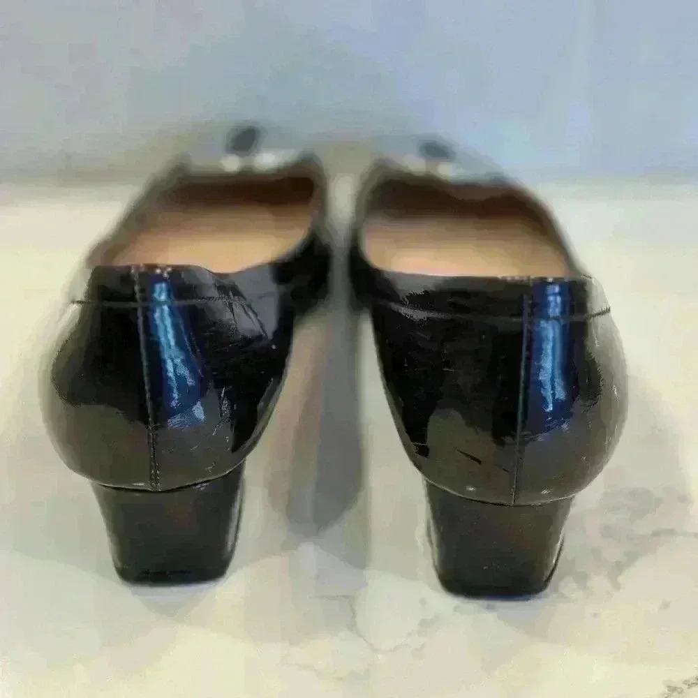 Prada Logo Black Patent Square Toe Low Block Heels Pumps Size 40 - Picture 3 of 12